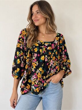 Chaps Floral Square Neck Peasant Blouse – Size S